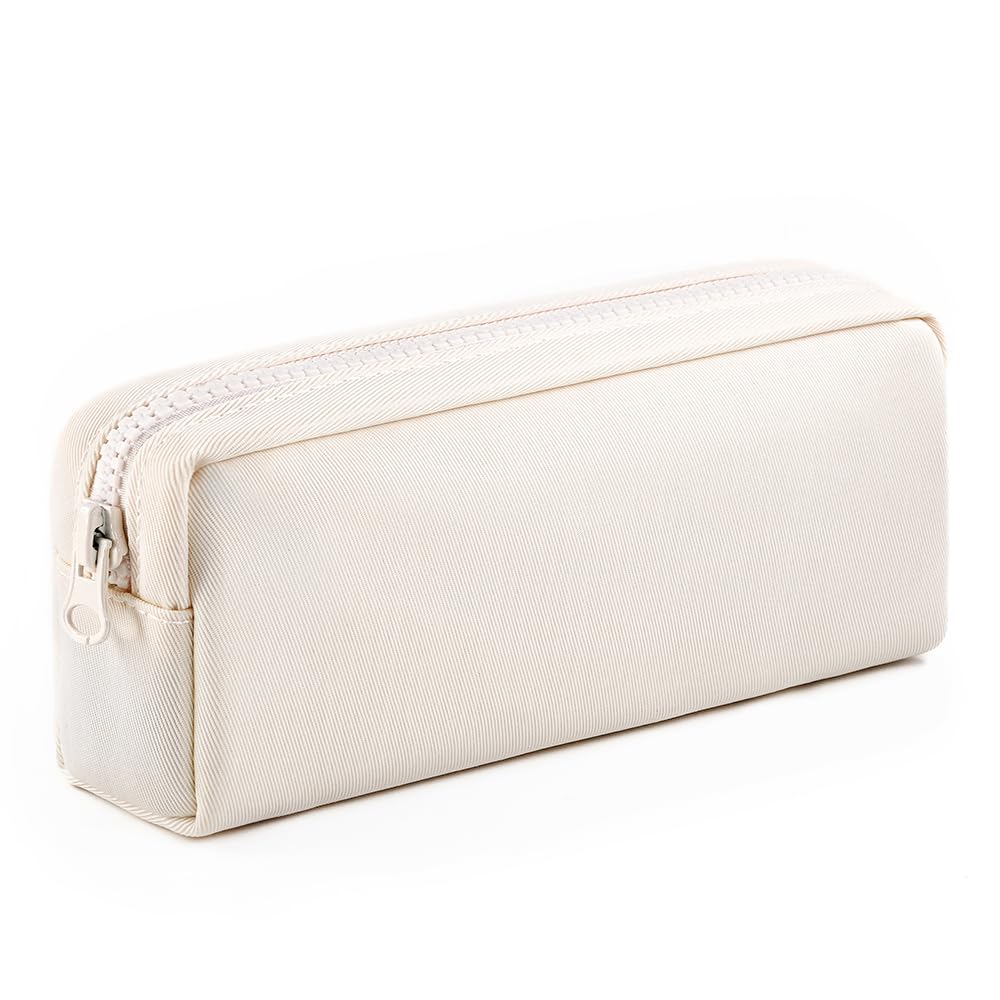 Big Capacity Pencil Case, Pure Color Pen Pouch with Zipper Stationary Storage Bag for Adult Students Officers, Cream White