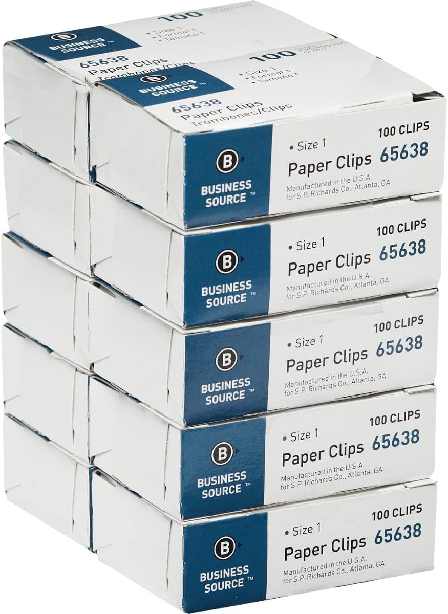 Business Source Paper Clips, Size 1, Regular, .033 Wire Gauge, 100/Box, 10 Boxes Total