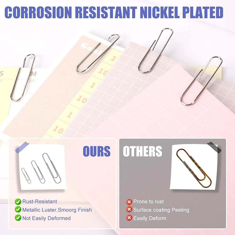 Paper Clips, 500 Pcs Assorted Sizes, Premium Silver Rustproof Metal Paperclips, Large Medium Small, Office School Home Document Organizing