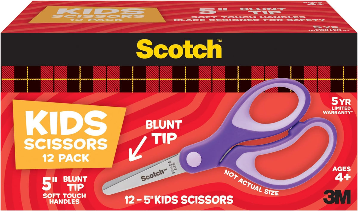 Scotch 5" Soft Touch Pointed Tip Kids Scissors, 12 Count Teacher's Pack