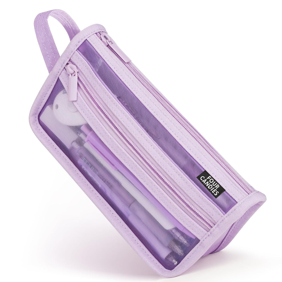 Four Candies Grid Mesh Pencil Case, Clear Double-layer with Handle (Purple)