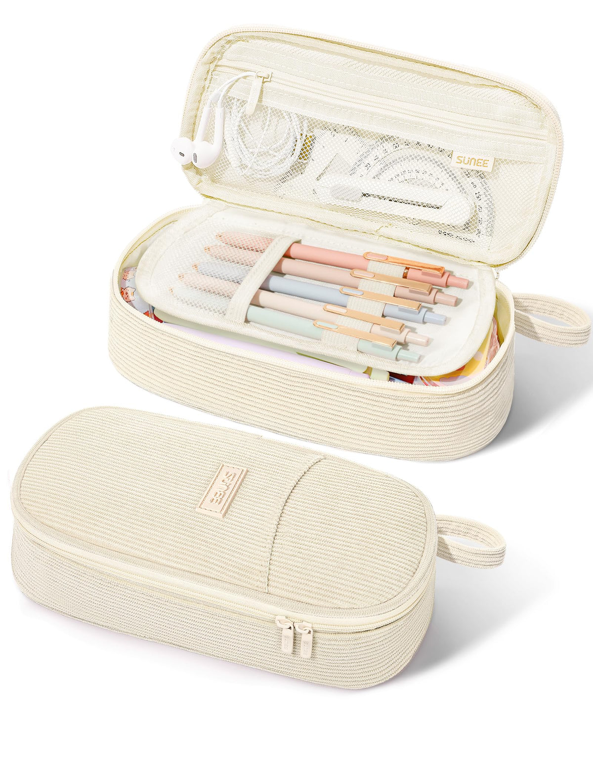 SUNEE Cute Pencil Case, Large Pencil Pouch, Aesthetic Big Pencil Bag with Zipper, Kawaii Stationery Storage and Organizer, School Supplies for Teen and Adult, Boys&Girls, Soft Corduroy Warm Beige