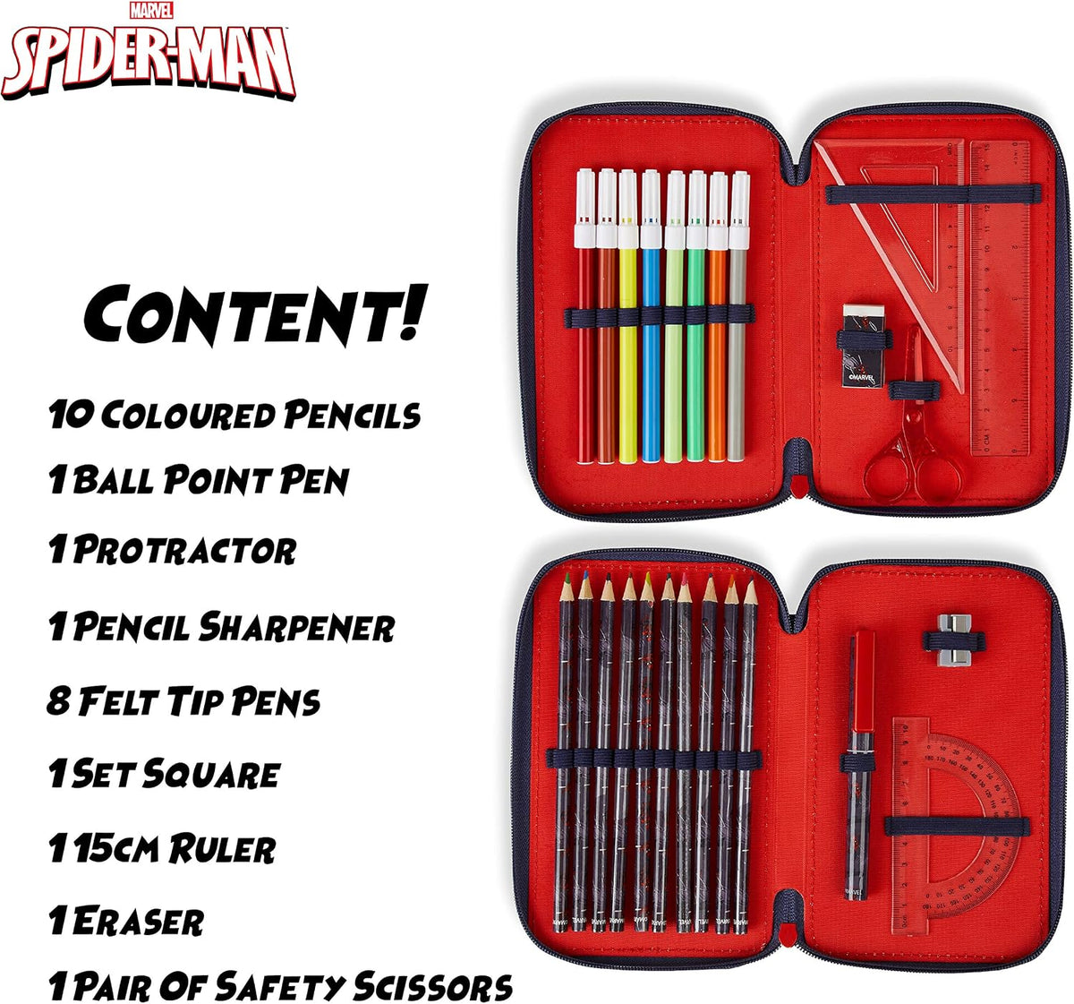 Marvel Pencil Case with Stationery Included School Supplies Filled Large Pencil Case Multiple Compartments Colouring Pencils Pens Boys Stationery Set Gifts for Boys (Spiderman Double Zip)