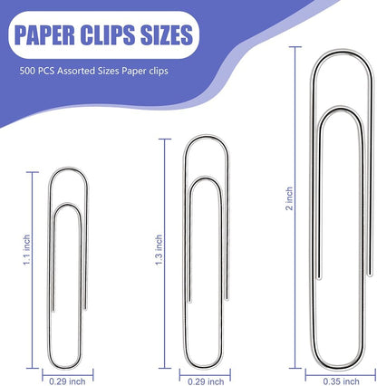 Paper Clips, 500 Pcs Assorted Sizes, Premium Silver Rustproof Metal Paperclips, Large Medium Small, Office School Home Document Organizing