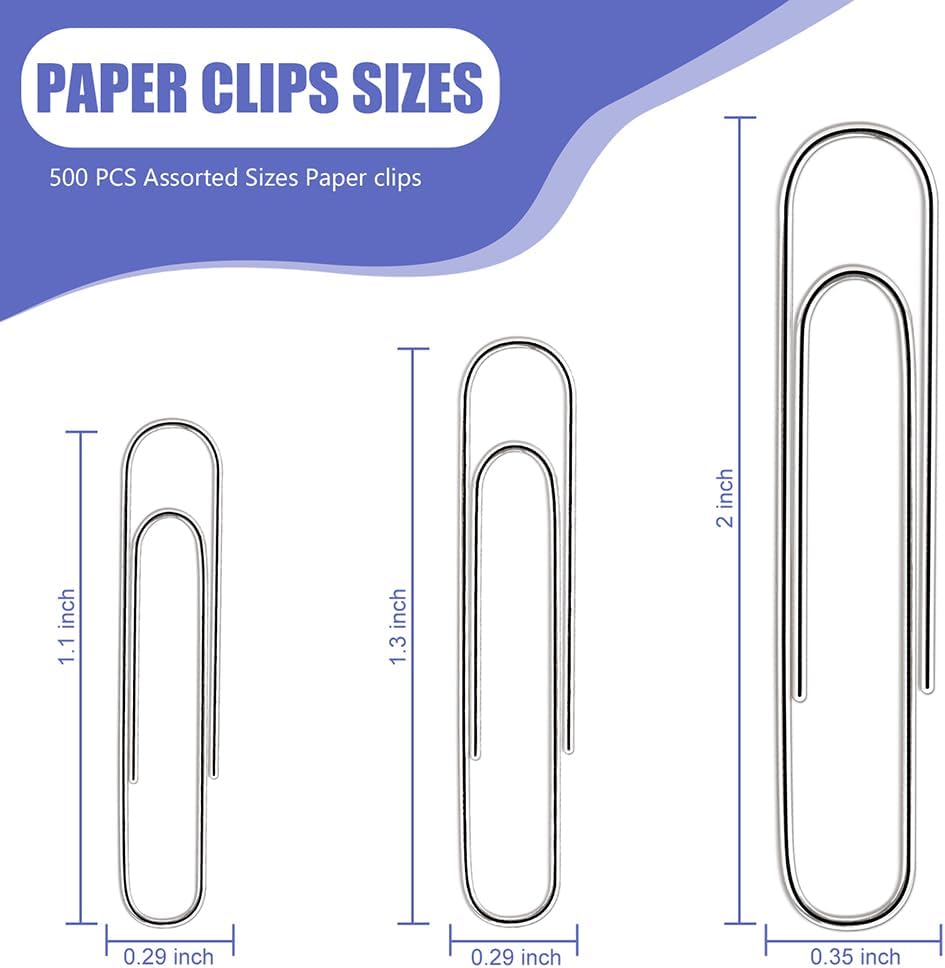 Paper Clips, 500 Pcs Assorted Sizes, Premium Silver Rustproof Metal Paperclips, Large Medium Small, Office School Home Document Organizing