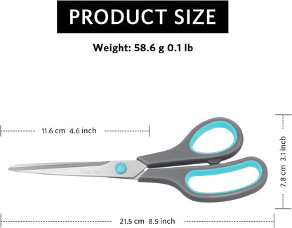 Asdirne 8.5" Scissors, Stainless Steel Blades, Soft Grip Handle, Suitable for Households,Offices and Schools, All Purpose, Blue/Grey
