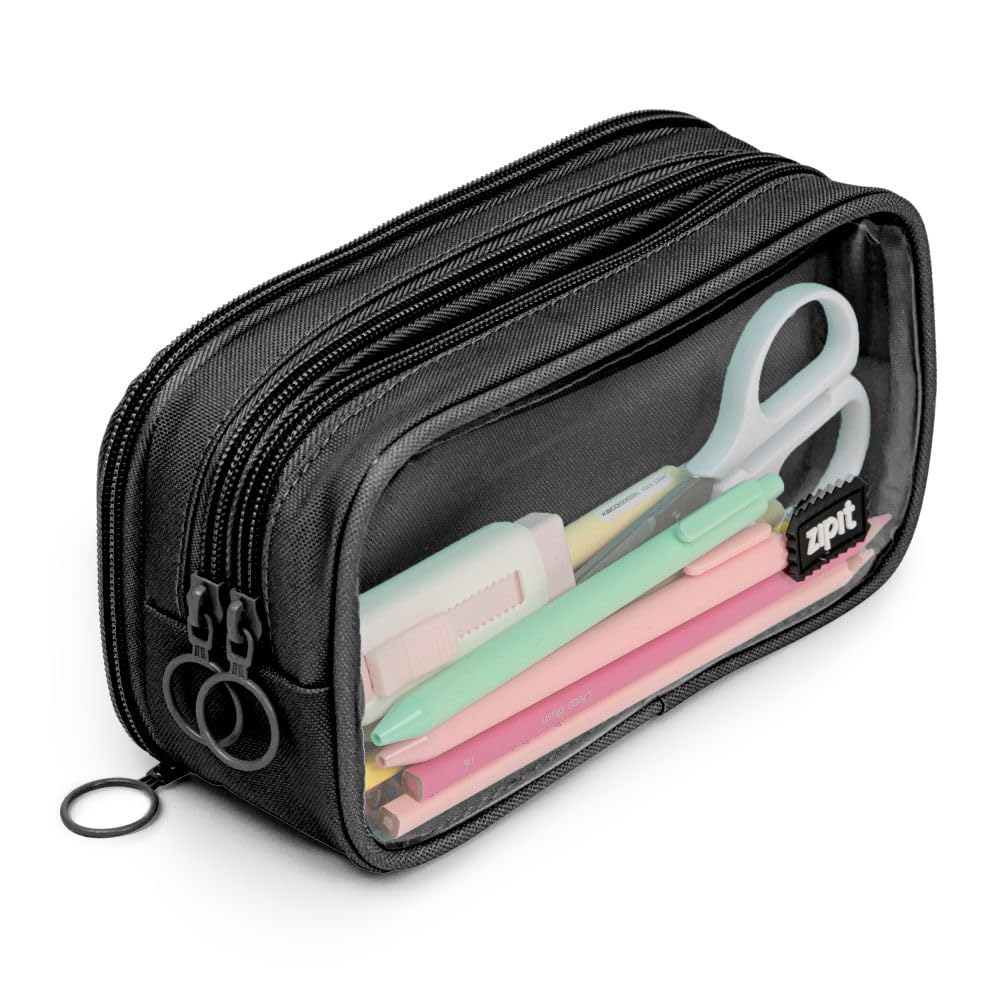 ZIPIT Half & Half Pencil Case, 3-Compartment Aesthetic Zipper Pouch, Grey