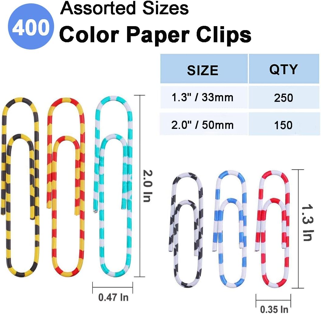 Vinaco Color Stripe Paper Clips, 400Pcs Medium Large 1.3" & 2", Rustproof