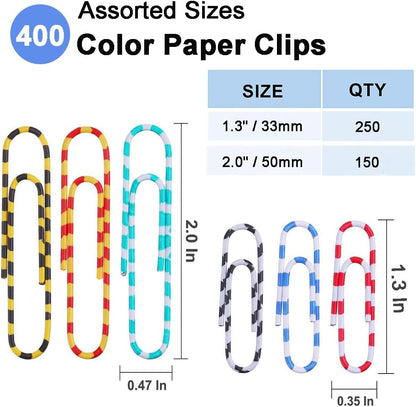 Vinaco Color Stripe Paper Clips, 400Pcs Medium Large 1.3" & 2", Rustproof