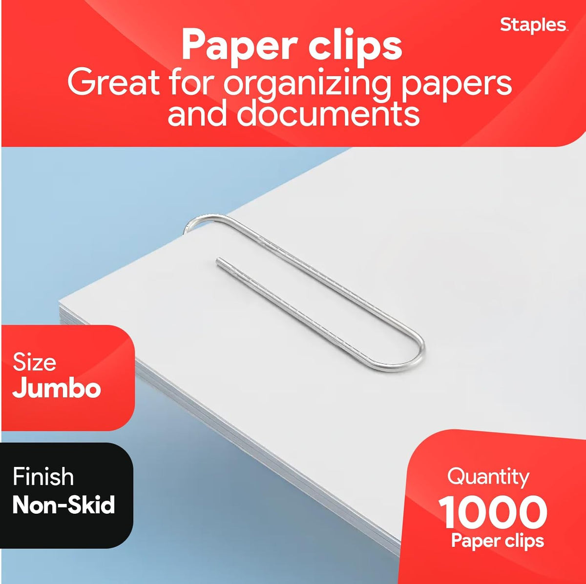 Staples Jumbo Paper Clips, Silver, Non-Skid, Heavy-Duty, 1,000-Pack