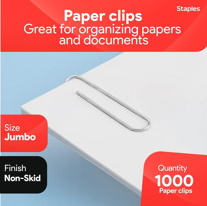 Staples Jumbo Paper Clips, Silver, Non-Skid, Heavy-Duty, 1,000-Pack
