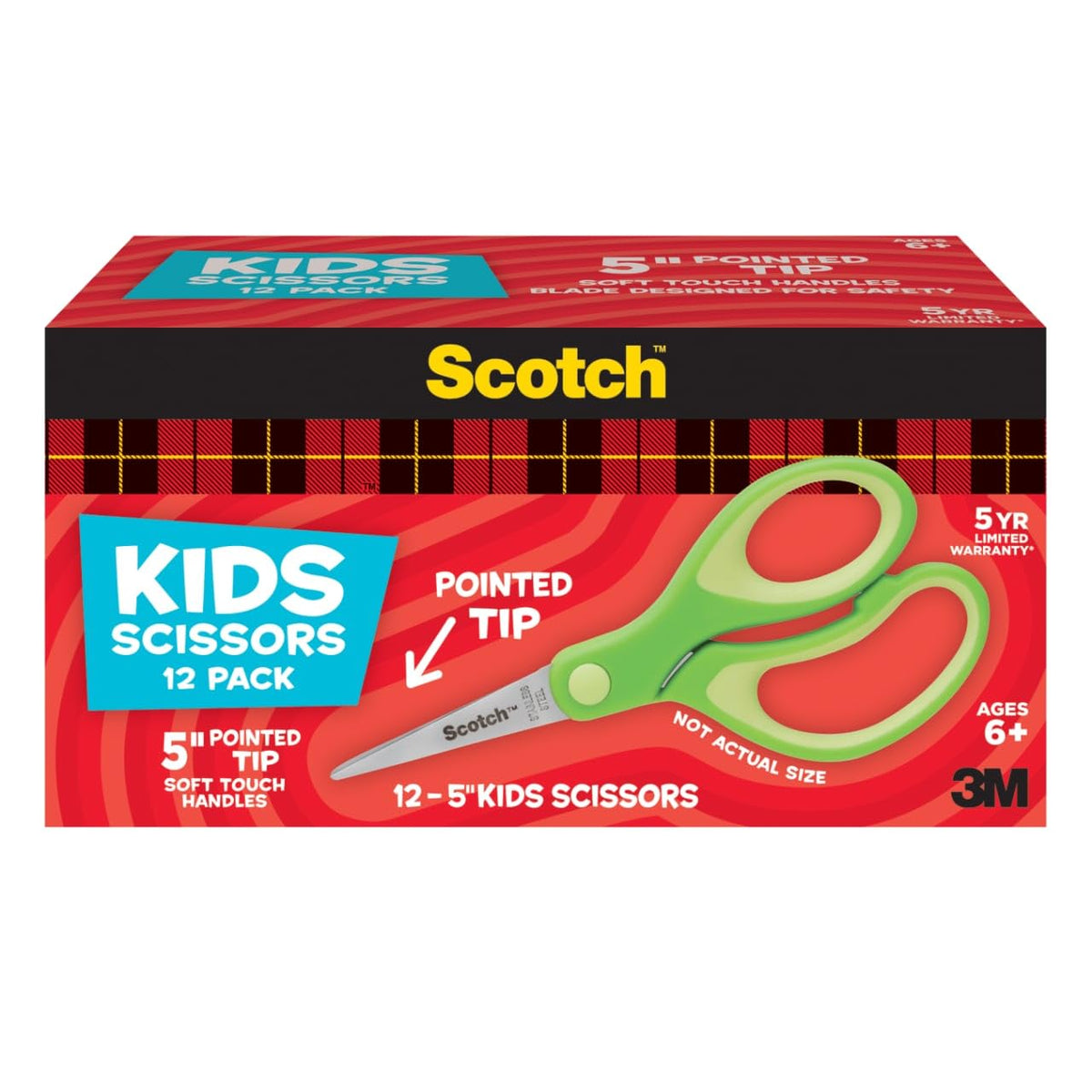 Scotch 5" Soft Touch Pointed Tip Kids Scissors, 12 Count Teacher's Pack