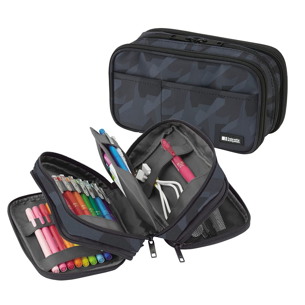 LIHIT LAB Large Capacity Zipper Pencil Case For School Office College, Big Capacity 4 Compartments Pencil Bag Holder Adults Teen Boys Girls, Travel Cosmetics Storage, Black (A7551-24)