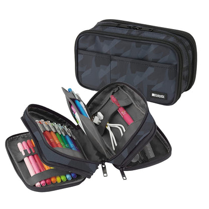 LIHIT LAB Large Capacity Zipper Pencil Case For School Office College, Big Capacity 4 Compartments Pencil Bag Holder Adults Teen Boys Girls, Travel Cosmetics Storage, Black (A7551-24)