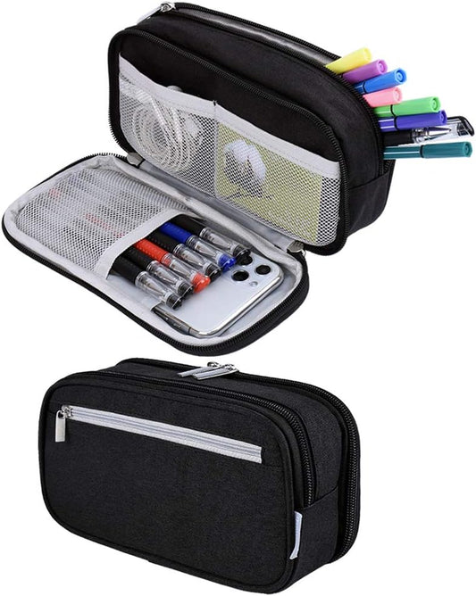 Chelory Big Pencil Case Large Capacity Pencil Bag Pouch 3 Multi Comparments High Storage Pen Holder Marker Holder Portable Office Stationery Organizer Supplies Makeup Cosmetic Bag Men Women (Black)