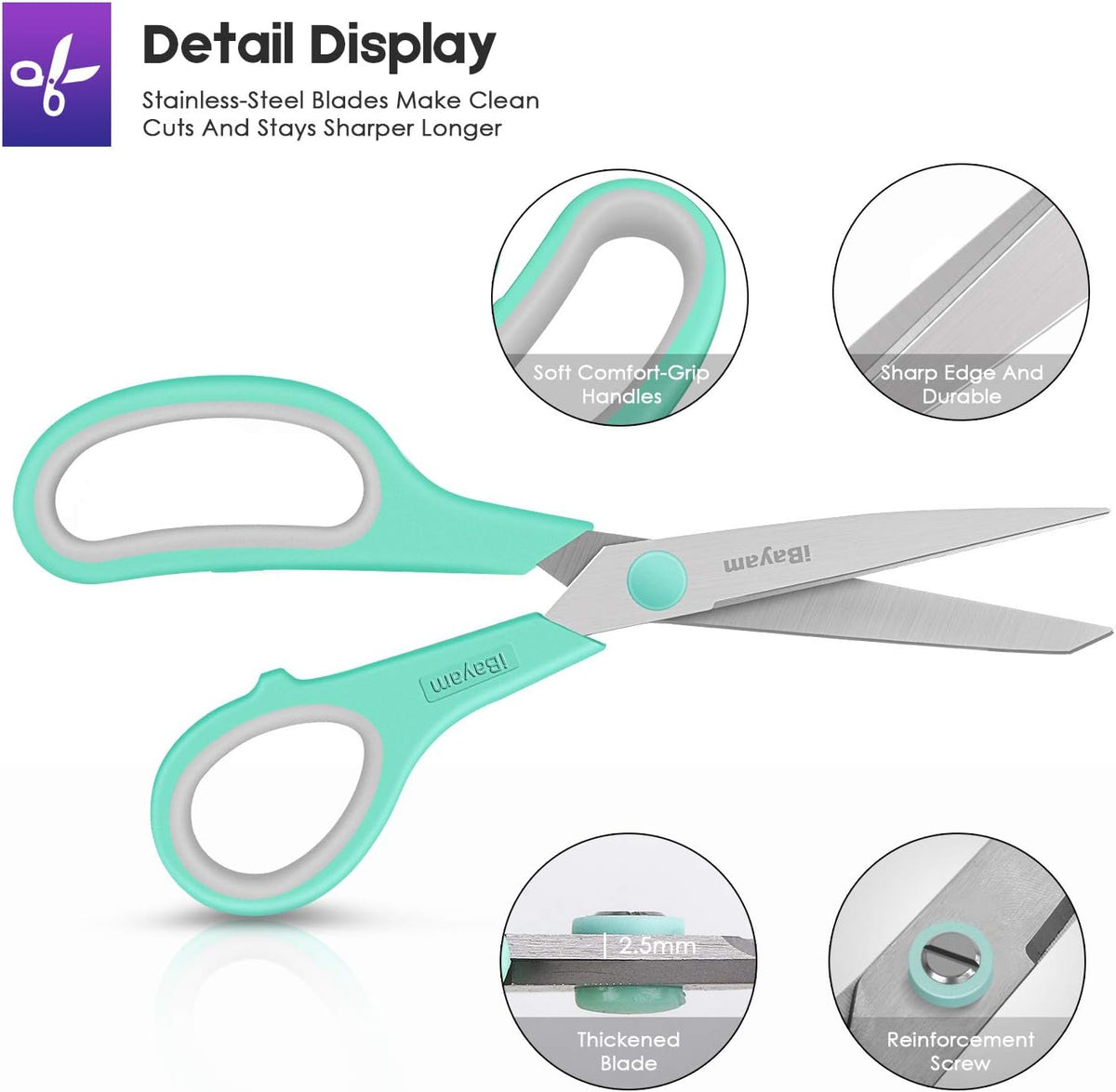 iBayam 8" Heavy Duty Scissors All Purpose for Office School Crafts Sewing