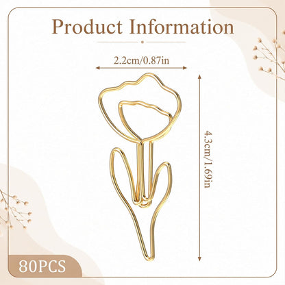 80 PCS Flower Paper Clips, Floral Cute Paper Clips Decorative Shaped Papers Clip Gold Fancy Cute Paperclips for Office and Home Supplies Wedding Decoration Desk File Documents Receipts Organization