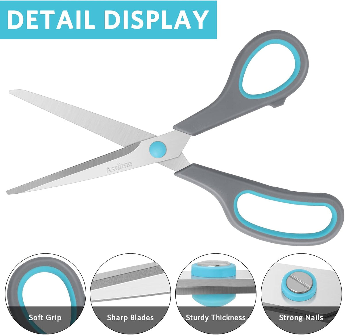 Asdirne 8.5" Scissors, Stainless Steel Blades, Soft Grip Handle, Suitable for Households,Offices and Schools, All Purpose, Blue/Grey