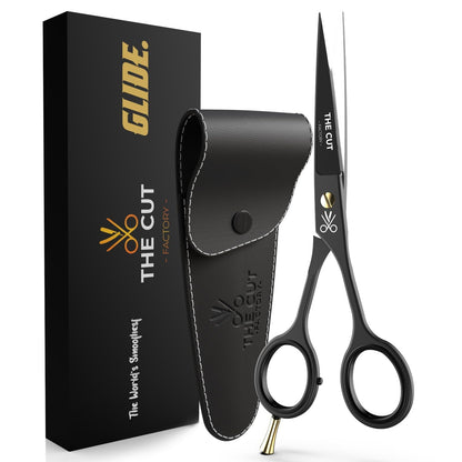 The Cut Factory® Hair Scissors & Hair Cutting Scissors - 6.5” Matte Black Professional Barber Shears with Micro-Serrated Blade, Gift Box & Leather Pouch