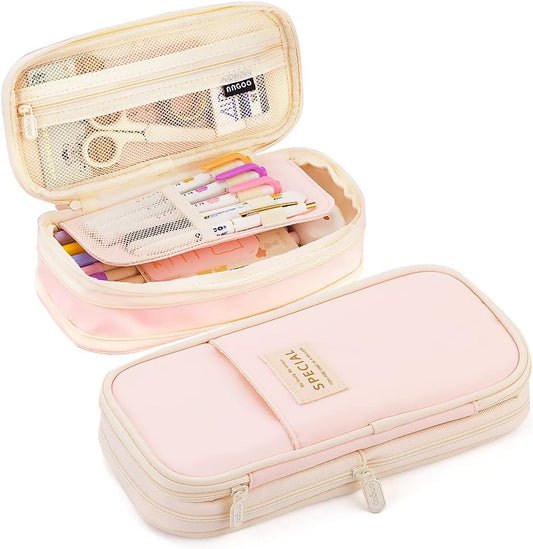 MAMUNU Expandable Pencil case with compartments, Large Capacity Pencil Cases Pencil Bag Pouch Office School, Portable Pencil Case Large School Stationery Organizer, Makeup Cosmetic Bag, Pink