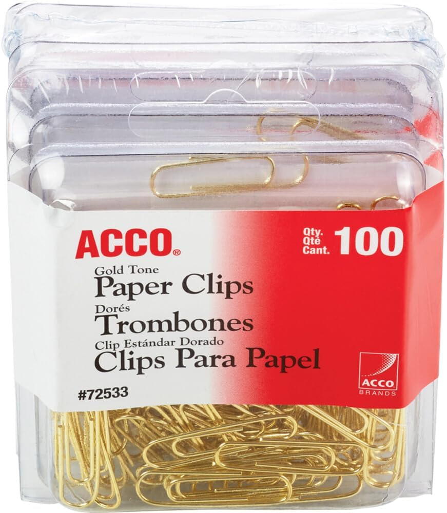 ACCO Brands Paper Clips, Regluar, # 2 Size, Smooth, Gold, 100 Clips/Box (72533), Model:A7072533