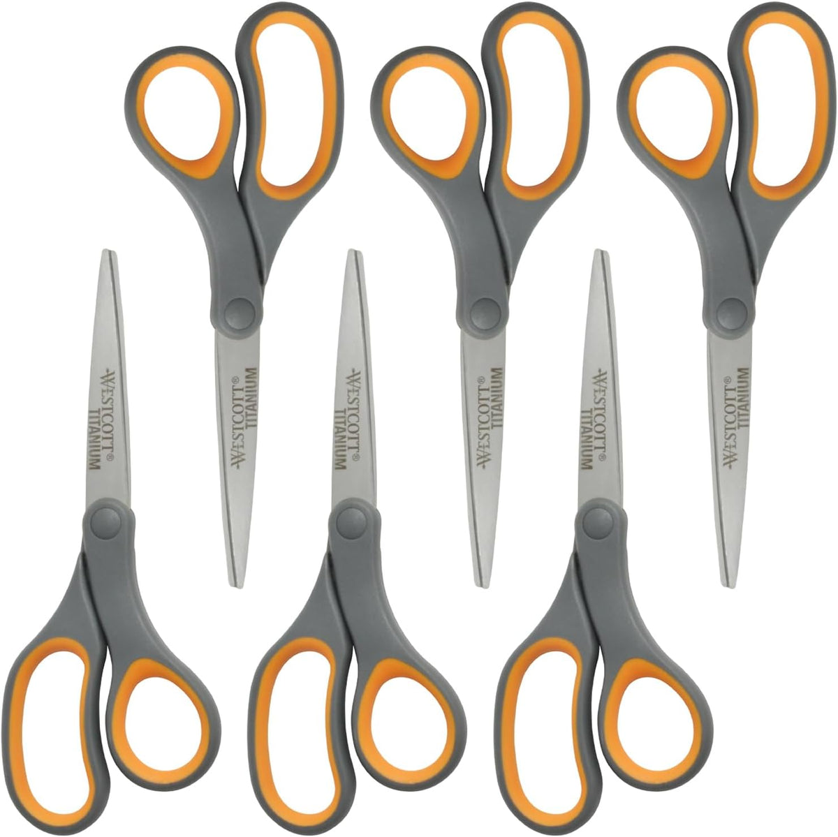 Westcott Titanium Bonded Scissors, Soft Handle, 8", Straight, Gray/Yellow, 6-Pack