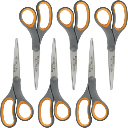 Westcott Titanium Bonded Scissors, Soft Handle, 8", Straight, Gray/Yellow, 6-Pack