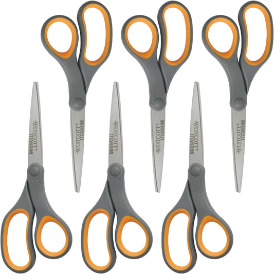 Westcott Titanium Bonded Scissors, Soft Handle, 8", Straight, Gray/Yellow, 6-Pack
