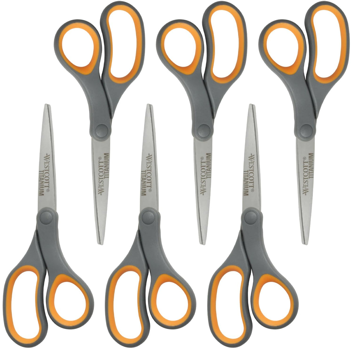 Westcott 8-Inch Titanium Bonded Straight Scissors, Soft Handle, Gray/Yellow, 4-Pack