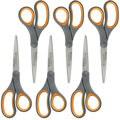 Westcott 8-Inch Titanium Bonded Straight Scissors, Soft Handle, Gray/Yellow, 4-Pack