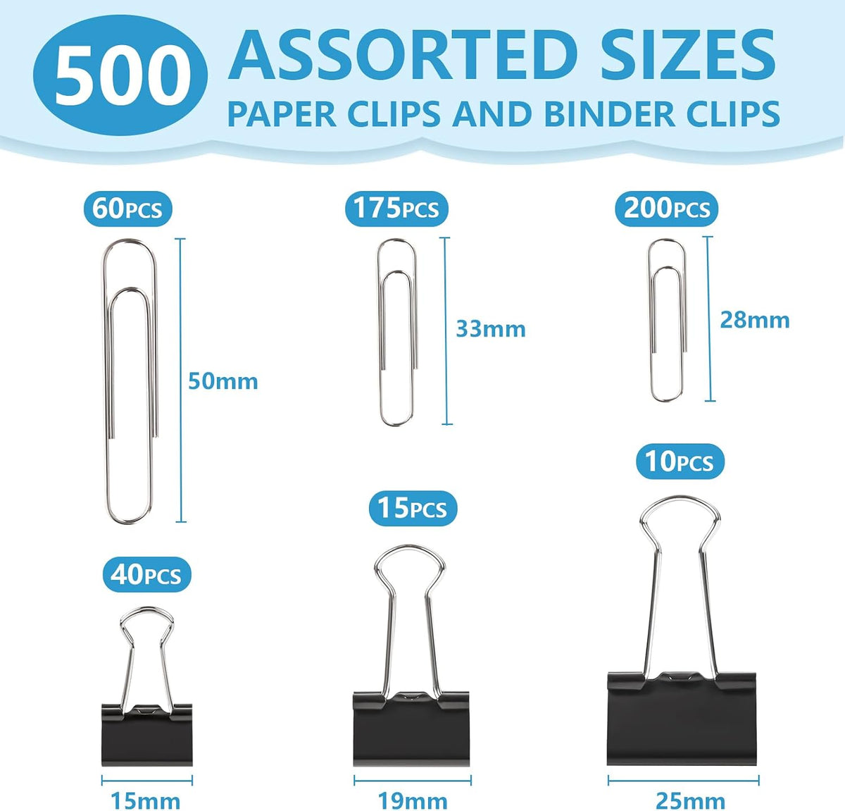 500PCS Paper Clips and Binder Clips Assorted Sizes