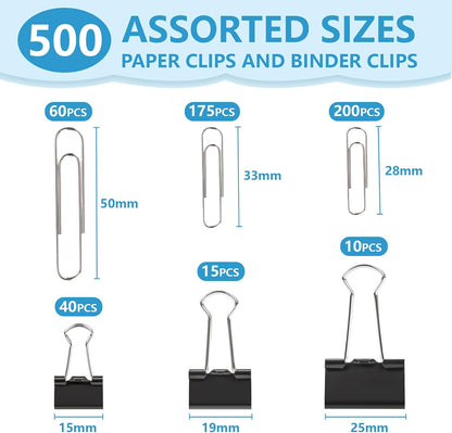 500PCS Paper Clips and Binder Clips Assorted Sizes