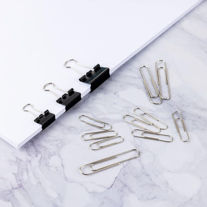 FUDAO FAMILY Paper Clips & Binder Clips, 340 PCS Assorted Sizes, Silver & Black, Metal, Medium, Large, Small