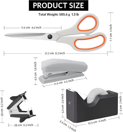 Asdirne Office Supplies Kit, Desk Accessory Set, Including 2 Scissors, 1 Stapler,1000 Pieces 26/6 Staples, 1 Staple Remover, 1 Tape Dispenser and 1 Tape, Perfect Office Partners