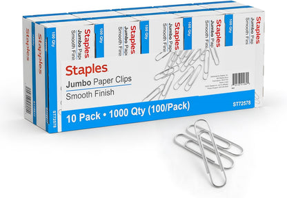 Staples Jumbo Paper Clips, Silver, Large Steel, 1,000-Pack