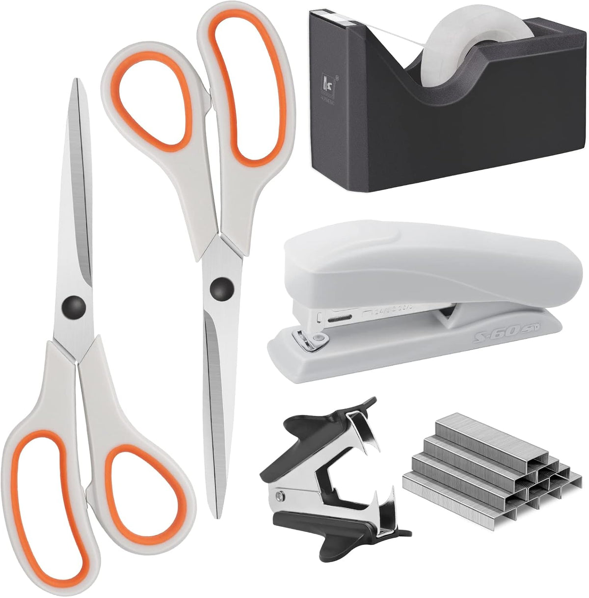 Asdirne Office Supplies Kit, Desk Accessory Set, Including 2 Scissors, 1 Stapler,1000 Pieces 26/6 Staples, 1 Staple Remover, 1 Tape Dispenser and 1 Tape, Perfect Office Partners