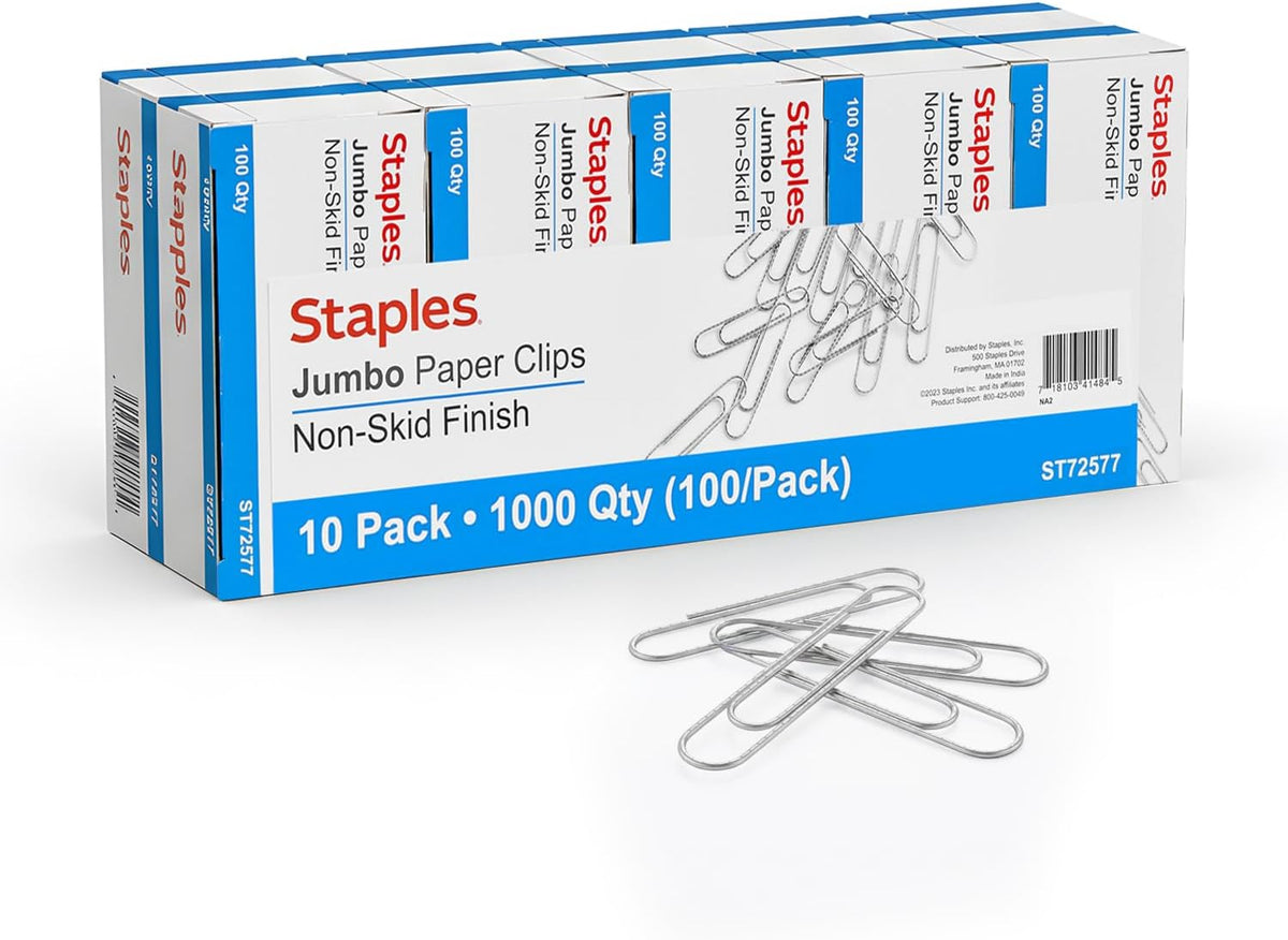 Staples Jumbo Paper Clips, Silver, Non-Skid, Heavy-Duty, 1,000-Pack