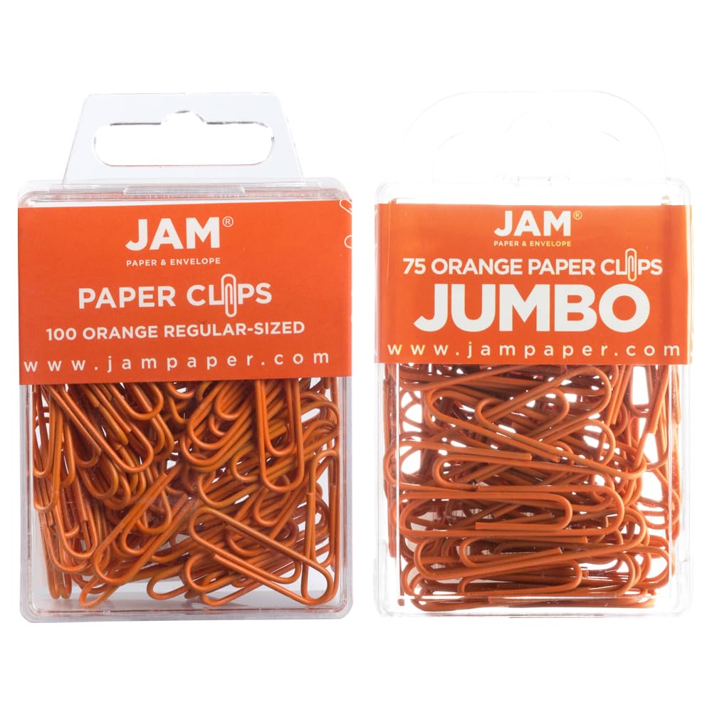 JAM PAPER Colorful Standard Paper Clips - Regular 1 Inch - Orange Paperclips - 100/Pack