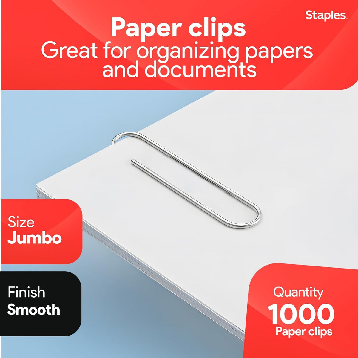 Staples Jumbo Paper Clips, Silver, Large Steel, 1,000-Pack