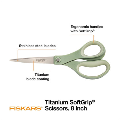 Fiskars 8” SoftGrip Titanium All Purpose Scissors for Office, 3-Pack