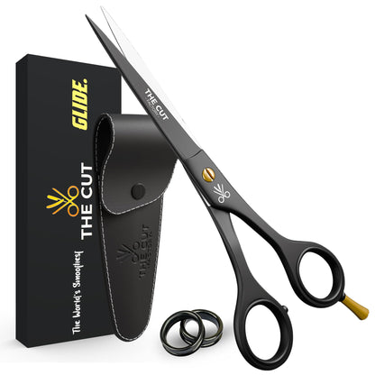 The Cut Factory® Hair Scissors & Hair Cutting Scissors - 6.5” Matte Black Professional Barber Shears with Micro-Serrated Blade, Gift Box & Leather Pouch