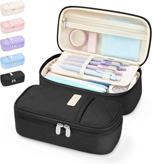 Sooez Cute Pencil Case, Soft Quilted Pencil Pouch, Large Pen Pencil Bag