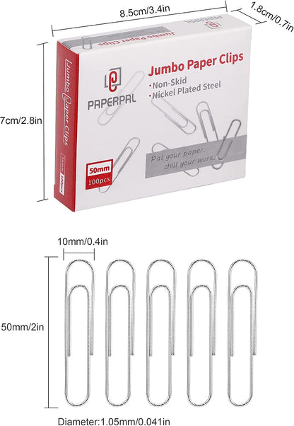 PAPERPAL Jumbo Non-Skid Paper Clips, 2 Inch (50 mm), 300 Count, Silver