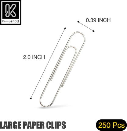 Kempshott 250 Large Paper Clips Smooth, Jumbo Paper Clips for Paperwork Ideal for Home, School and Office Use (Large, Silver)