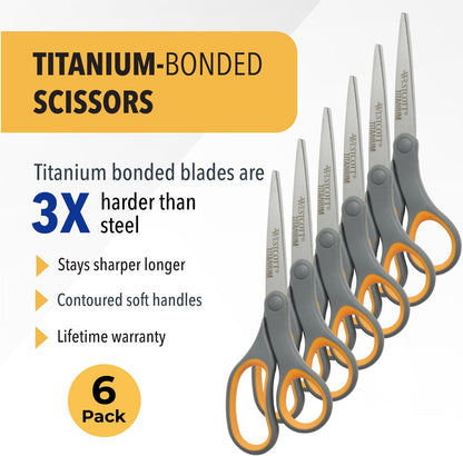 Westcott Titanium Bonded Scissors, Soft Handle, 8", Straight, Gray/Yellow, 6-Pack