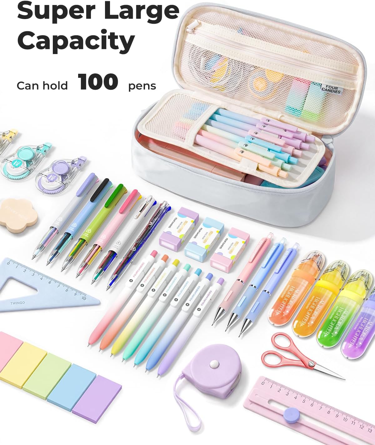 Four Candies Large Pencil Case, 5 Compartments Canvas Pen Organize