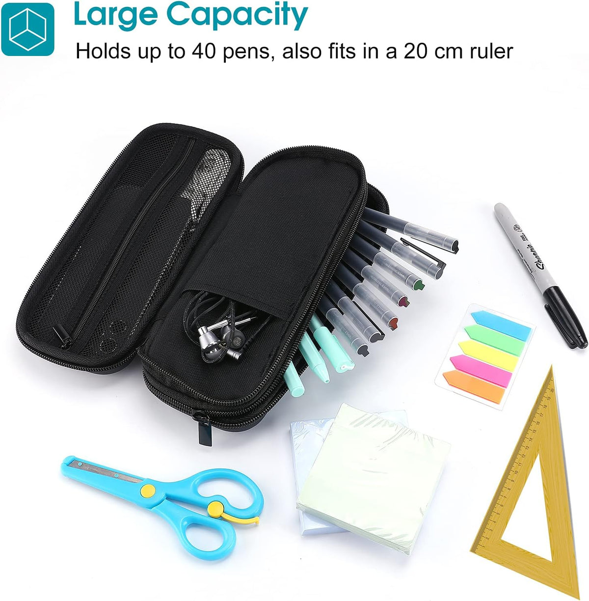 ProCase 2-Layer Hard Pencil Case, Large Capacity Storage Box Pouch, Black