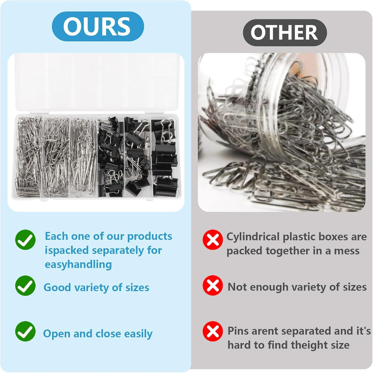 500PCS Paper Clips and Binder Clips Assorted Sizes