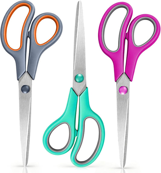 Scissors 8.5 Inch scissors all purpose for Office, Home, Sewing,and Crafts,Soft Comfort-Grip Right/Left Hand 3-Pack, Multicolor