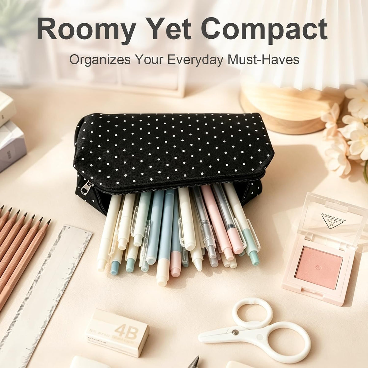 Cute Polka Dot Pencil Case Aesthetic Pencils Pouch, Black 1Pcs - Y2K Pencil Case Polka Dot, Slim Soft Canvas Pencil Pouch for High School College Student Stationery Supplies & Makeup Bag